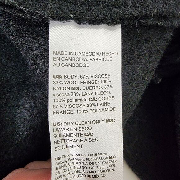 Chico's Boiled Wool-Blend Blanket Jacket Shacket Size 2 Large 12/14 Fringe Black - Picture 10 of 11